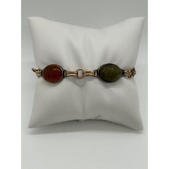 Egyptian Revival 1920s-30s Scarab Bracelet With Carved Natural Stones & Gold-Ton - Picture 7 of 16